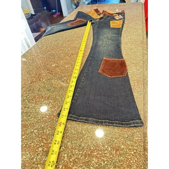 Vintage 70s style Patchwork Watch LA Flare Bell Bottom Cotton Denim Jeans NWT - Picture 7 of 16